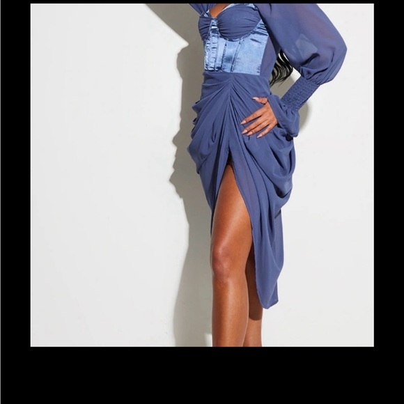 PrettyLittleThing Blue Asymmetrical Ruched Wrap Gown - Picture 11 of 12